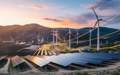 Powering a Sustainable Future: A breathtaking aerial panorama captures a vast solar farm and wind turbines, bathed in the warm glow of sunset.