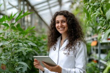 Smiling woman with curly hair wearing a white lab coat and holding a tablet in a vibrant greenhouse surrounded by lush plants, representing agriculture, technology, and sustainability