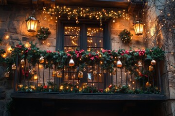  Urban balcony decorated with Christmas lights and bells, festive decorations against old stone wall.