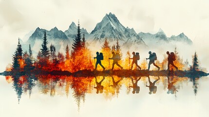 Majestic Mountain Landscape with Reflective Water and Energetic Hikers Surrounded by Vibrant Autumn Foliage Under a Clear Sky at Dawn