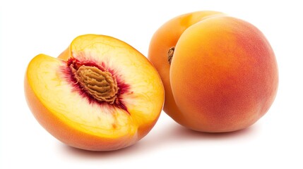 Fresh peach halves showcasing a juicy, vibrant interior, perfect for food photography or natural fruit displays.