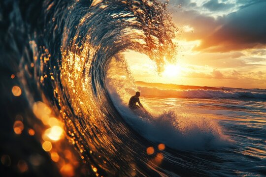 Surfer riding a massive golden wave at sunset in an epic display of nature’s power and beauty.