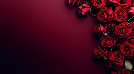 A cascade of bright red roses on a deep burgundy background, detailed close-up shot, Minimalist style