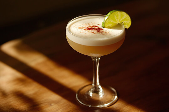 Traditional pisco sour with lime garnish.