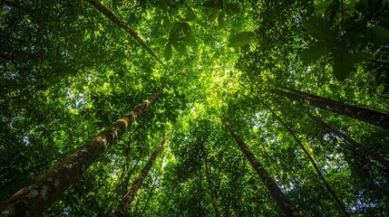 Fototapeta premium Tropical forest canopy seen from the floor with vibrant green leaves filtering sunlight, symbolizing trees' role in oxygen creation and carbon reduction, vital for sustaining our natural environment
