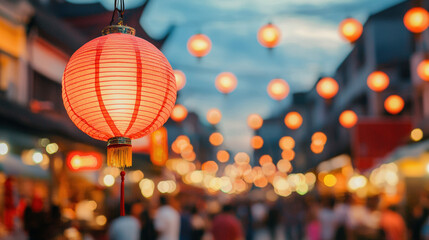 Red lanterns illuminating a lively street market during chinese new year