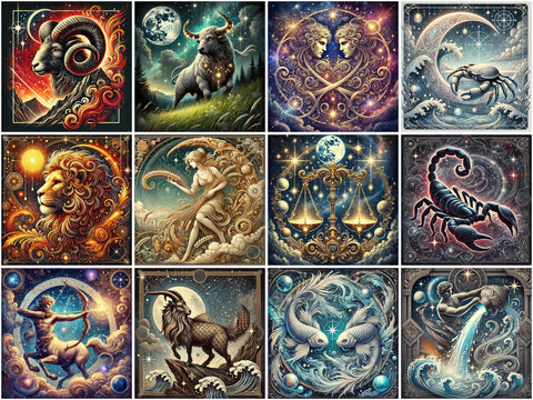 the set of all twelve zodiac signs in fantasy artistic detailed style, astrology concept