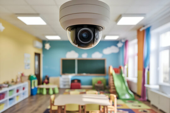 Classroom with surveillance camera, colorful walls, chalkboard, and toys in the background - Powered by Adobe