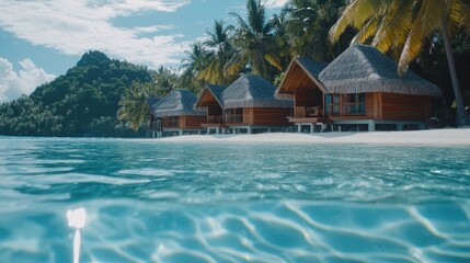 Obraz premium A tranquil beach features pristine sand and inviting water, with tropical huts in the background. The sun shines brightly in the clear blue sky, creating a serene atmosphere