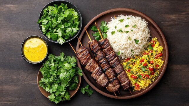 A vibrant platter featuring grilled skewers, fragrant rice, and colorful side dishes topped with fresh herbs and a rich sauce.