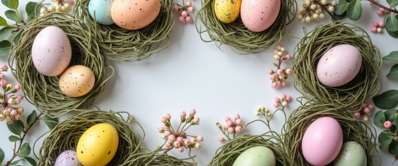 A delightful arrangement of pastel-colored Easter eggs rests in charming green nests, surrounded by delicate pink flowers and lush greenery. The scene radiates a joyful springtime vibe, evoking