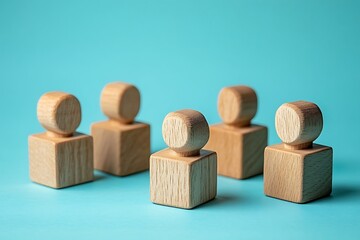 Light Wood Block Figures Teamwork & Solidarity on Blue