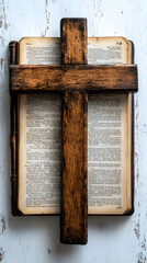 A wooden cross resting on an open Bible, symbolizing faith and the profound meaning of its words. The scene is set against a clean, white wood-paneled background, creating a serene and spiritual atmos