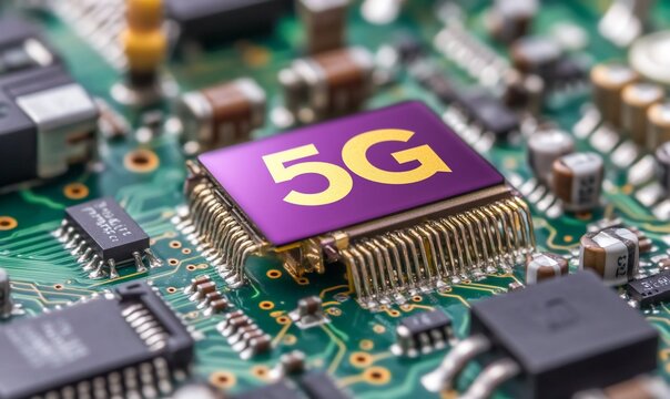 Close-up of a circuit board featuring a 5G chip for technology applications.