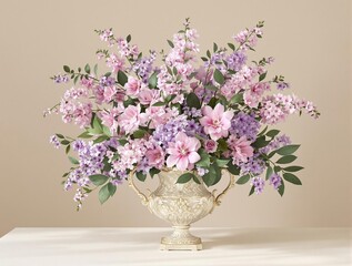 Fototapeta premium Softly lit purple flowers and leaves arranged in a vase or still life setting with a neutral background, floral arrangement, flower centerpieces., colorful flowers, purple flowers