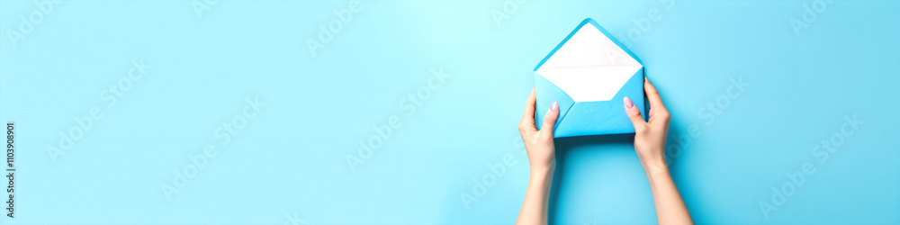 Poster Female hands hold open a blue envelope with a white paper sheet in front of an isolated pastel blue background and empty space.