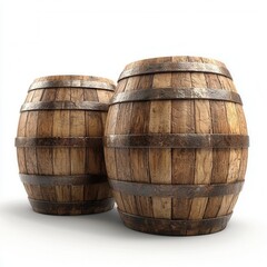 Two rustic wooden barrels with metal bands, showcasing a classic design, ideal for storage or decorative purposes.isolate on white background
