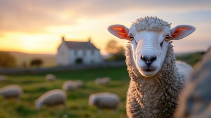 Fototapeta premium A close-up of a sheep with a scenic sunset backdrop, showcasing the beauty of rural life and the peacefulness of nature in a serene farm setting.