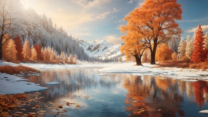 A snowy  autumnal landscape.