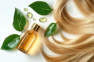 Naklejka premium A bottle of hair oil surrounded by green leaves and strands of hair.