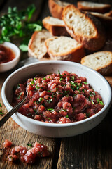bowl of finely chopped meat with herbs, served with slices of bread. This rustic dish showcases blend of flavors and textures, perfect for hearty meal