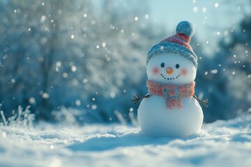 Cute snowman with a hat and scarf standing in a snowy landscape, with blue background, falling snowflakes, and snow-covered trees, capturing the essence of Christmas.
