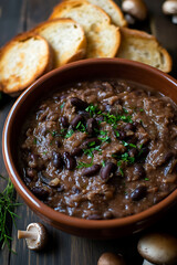bowl of refried black beans garnished with herbs, served with toasted bread slices. This hearty dish is perfect for comforting meal