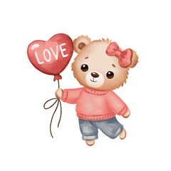 Bear with a balloon, illustration for Valentine's Day 