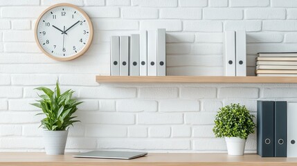 A modern workspace features a round clock on a white brick wall, neatly stacked books, and a vibrant potted plant on a clean surface, creating a peaceful atmosphere