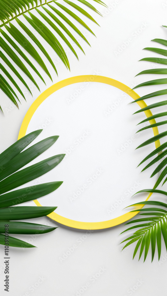 Poster empty yellow circle against a white background surrounded by isolated green palm leaves is ideal for