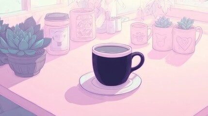 A serene scene featuring a black coffee cup on a pastel table with plants and mugs.