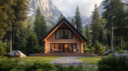 Fototapeta premium A charming wood house is surrounded by lush greenery and mountains.