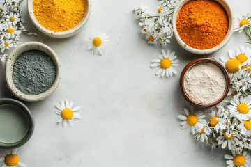 A collection of colorful powders surrounded by daisies on a light background.