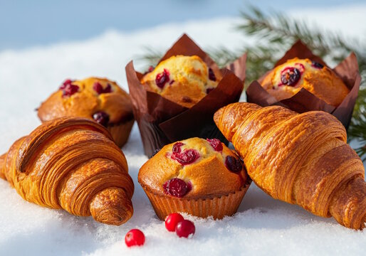 BAKED GOODS GARNISHED WITH FRESH WINTER BERRIES (LIKE CRANBERRIES ) AGAINST A SNOWY BACKDROP FOR NATURAL BEAUTY.