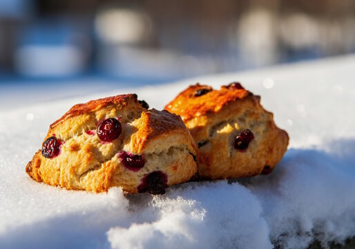 BAKED GOODS GARNISHED WITH FRESH WINTER BERRIES (LIKE CRANBERRIES ) AGAINST A SNOWY BACKDROP FOR NATURAL BEAUTY.