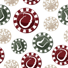 seamless pattern from set of New Year's poker chips with Christmas colors and Christmas icons of snowflake, sock and Santa Claus