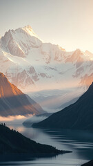 Fototapeta premium Towering mountain peaks with snow-capped summits and glaciers glinting in the sunlight, peak, snowy, outdoors, scenery, rugged