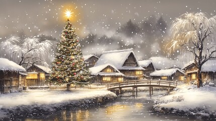 Fototapeta premium A highly detailed traditional Japanese sumi-e ink painting, capturing a peaceful Christmas scene in Japan. The painting features elegant, delicate brushstrokes, showcasing