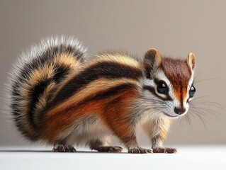 Cute chipmunk standing on a surface, soft focus background.