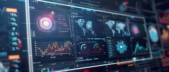 Obraz premium High-Tech Financial Data Analytics Dashboard with Futuristic Quantum Computing Engine