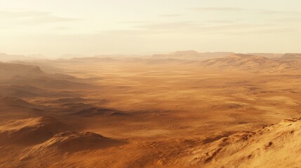 Naklejka premium Panoramic view of a vast desert landscape, featuring sand dunes stretching endlessly in golden hues, capturing the warm tones and soft focus that evoke a sense of tranquility and solitude.
