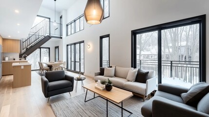 Fototapeta premium Modern open-concept living room and kitchen with large windows and scenic winter view, featuring contemporary furniture, wooden flooring, and a hanging pendant light.
