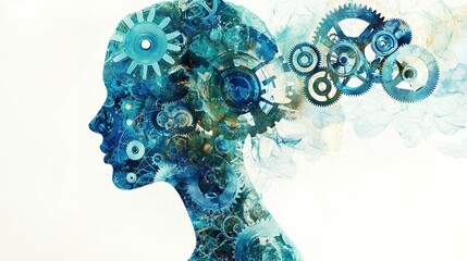 A silhouette of a woman filled with blue gears, symbolizing the fusion of creativity and machinery, representing innovation and thought.