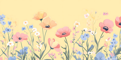 Pastel-colored flowers on yellow background.