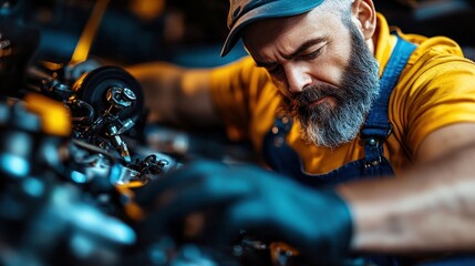 An expert mechanic meticulously works on intricate engine components, highlighting the skill and dedication required in automotive repair and maintenance.