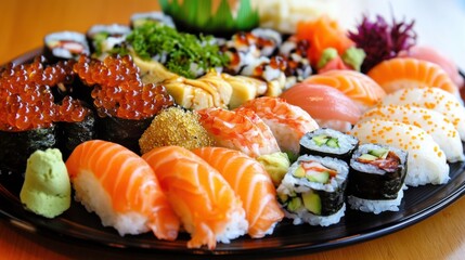 Assorted Sushi Platter Featuring Various Types of Fresh Sushi Rolls, Sashimi, and Garnishes on a Wooden Surface for Culinary Delight