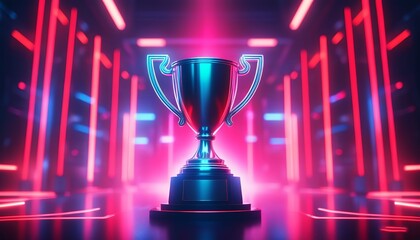E-sports trophy in neon-lit studio with blurred backdrop. Created with generative AI technology