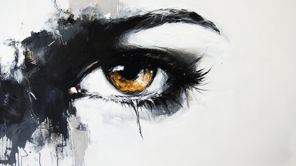 Obraz premium An artistic close-up of a woman's eye, featuring striking brown iris and dramatic black paint, conveying deep emotion and intensity.