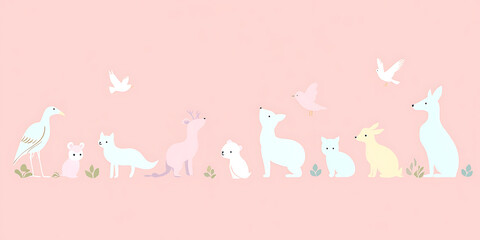 Pastel-colored animal silhouettes on pink background.