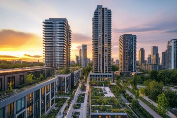 A sleek mixed-use development, modern minimalist design with a combination of residential towers, open retail spaces, and green rooftop gardens, clean geometric architecture, wide pedestrian pathways 